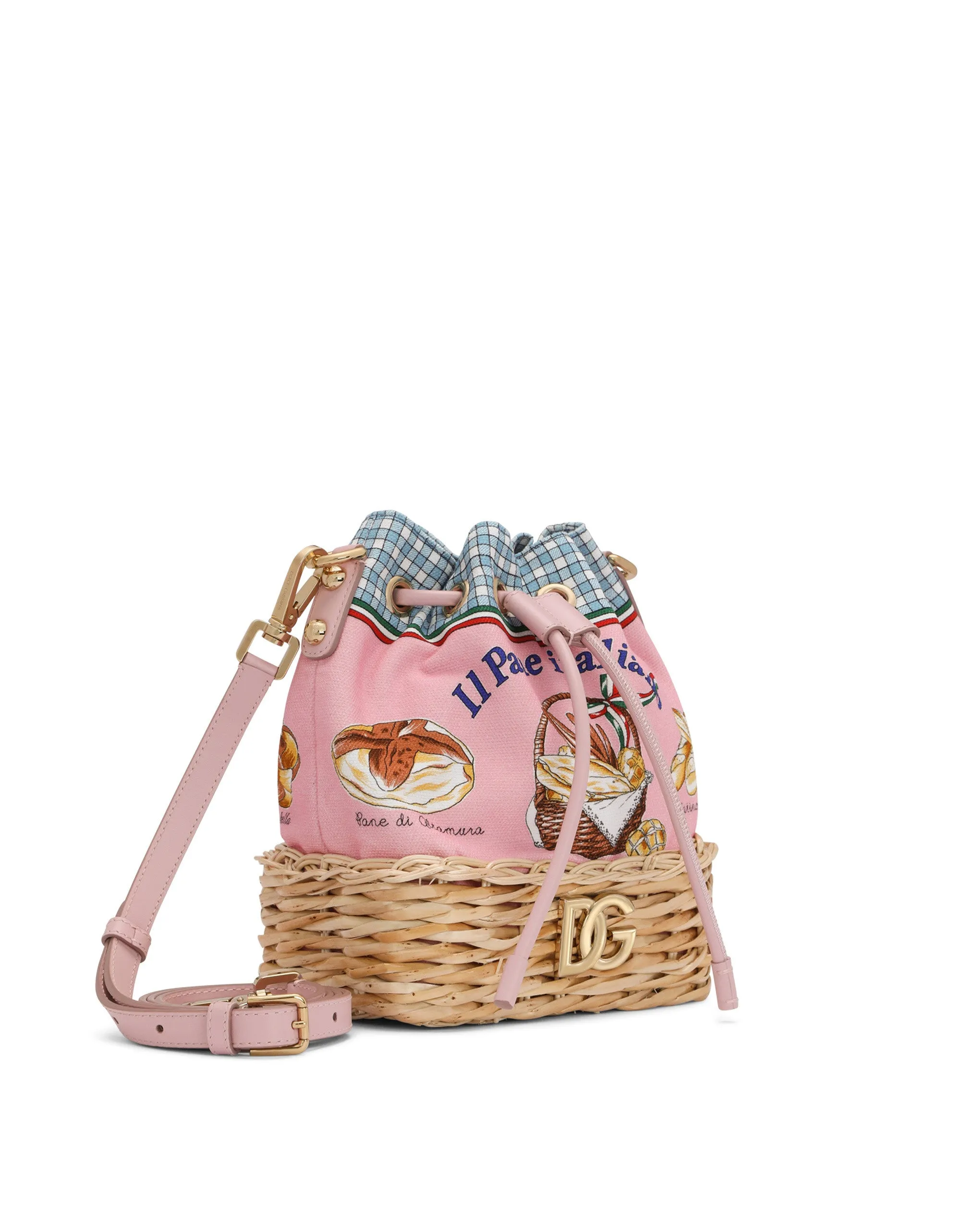 Printed canvas and wicker bucket bag