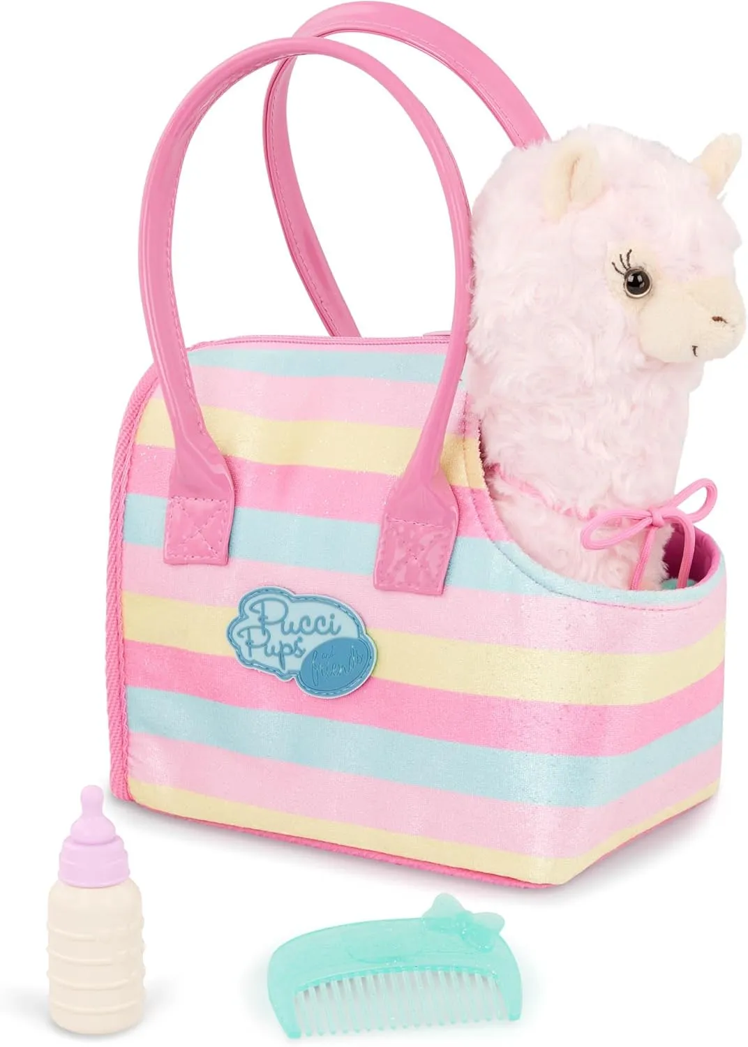 Pucci Pups Plush Llama – Stuffed Animal – Carrier Bag – Blue Comb & Bottle – Kids 3 Years  