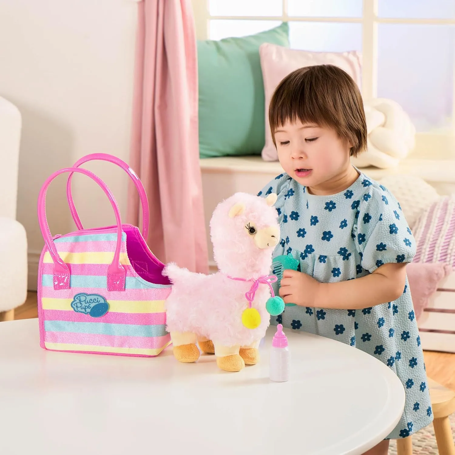 Pucci Pups Plush Llama – Stuffed Animal – Carrier Bag – Blue Comb & Bottle – Kids 3 Years  