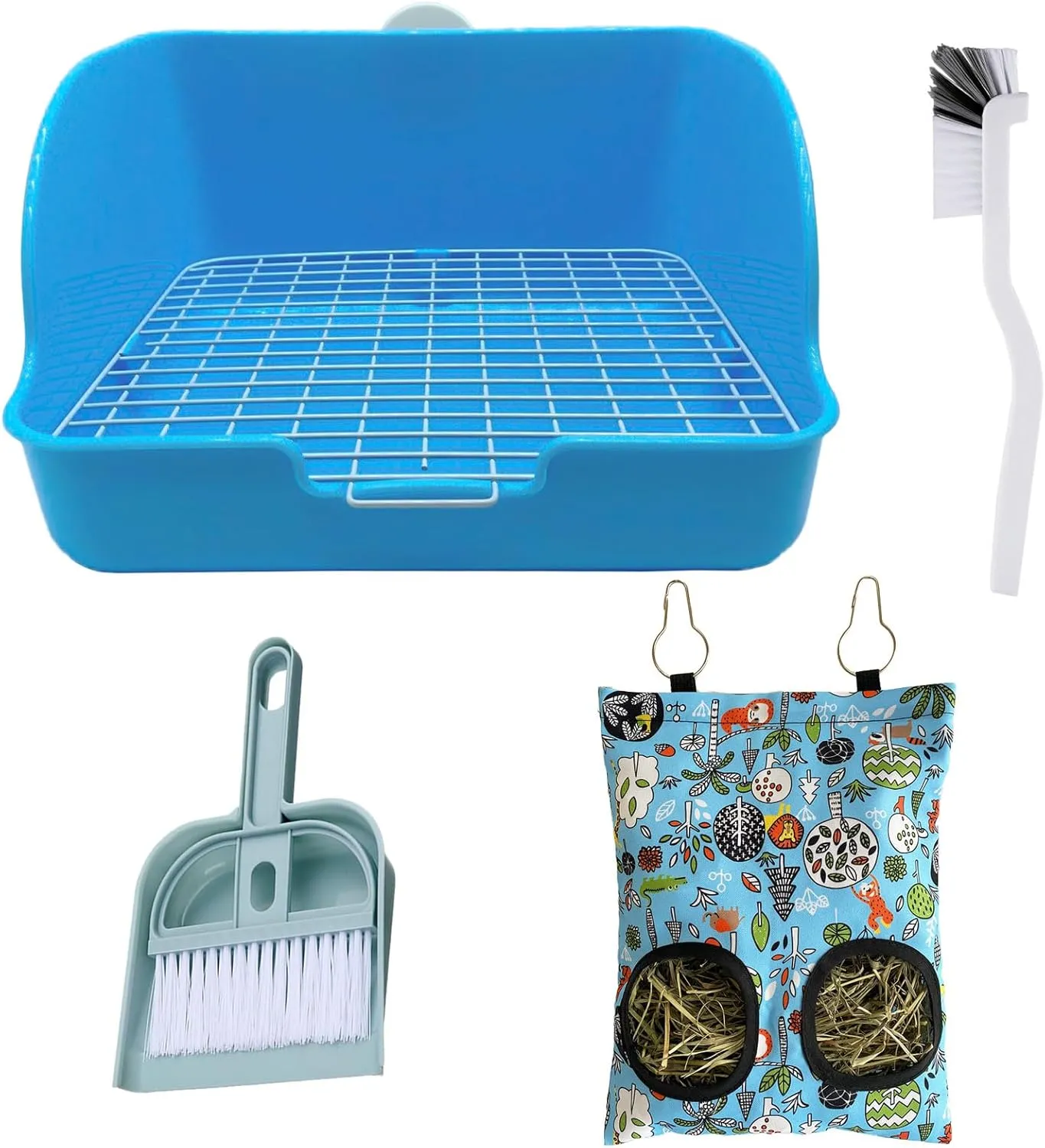Rabbit Litter Box with Hay Feeder Bag 4PCS Small Animal Cage Accessories Potty Feeding Cleaning Set for Dwarf Rabbit Bunny Guinea Pig Chinchilla (Blue)