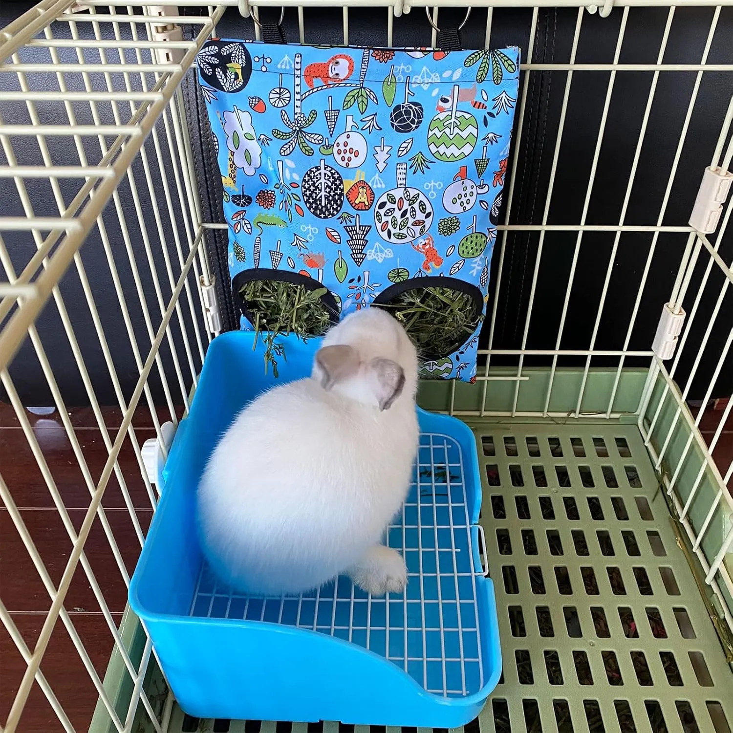 Rabbit Litter Box with Hay Feeder Bag 4PCS Small Animal Cage Accessories Potty Feeding Cleaning Set for Dwarf Rabbit Bunny Guinea Pig Chinchilla (Blue)