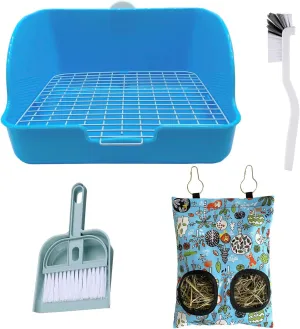 Rabbit Litter Box with Hay Feeder Bag 4PCS Small Animal Cage Accessories Potty Feeding Cleaning Set for Dwarf Rabbit Bunny Guinea Pig Chinchilla (Blue)