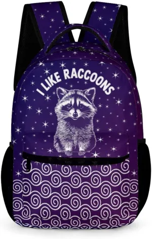 Raccoon Backpack for Kids Girls Boys School, 16 Inches Cute Raccoons Theme Bookbag, Adjustable, Lightweight, Large Capacity, Colorful Daily Casual Animal Purple Backpacks