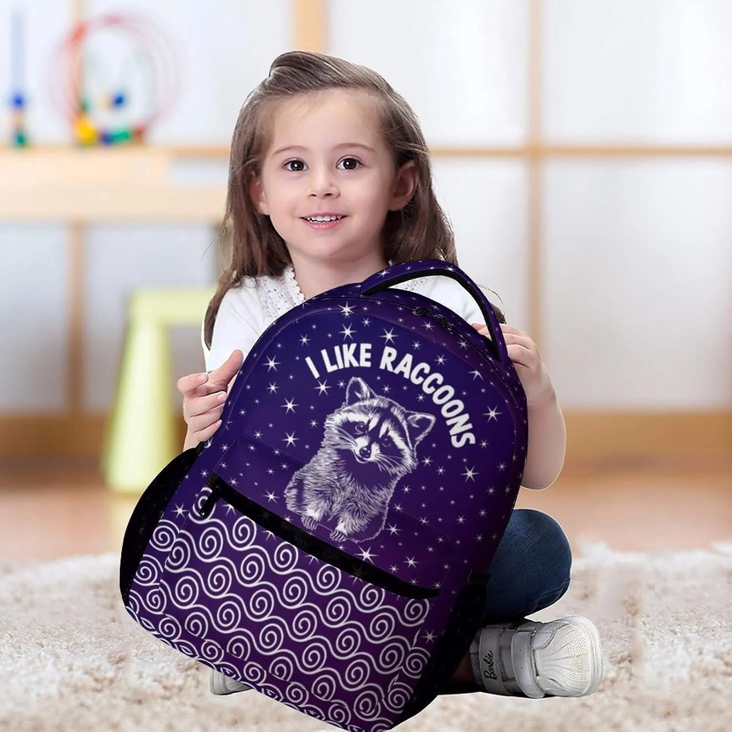 Raccoon Backpack for Kids Girls Boys School, 16 Inches Cute Raccoons Theme Bookbag, Adjustable, Lightweight, Large Capacity, Colorful Daily Casual Animal Purple Backpacks