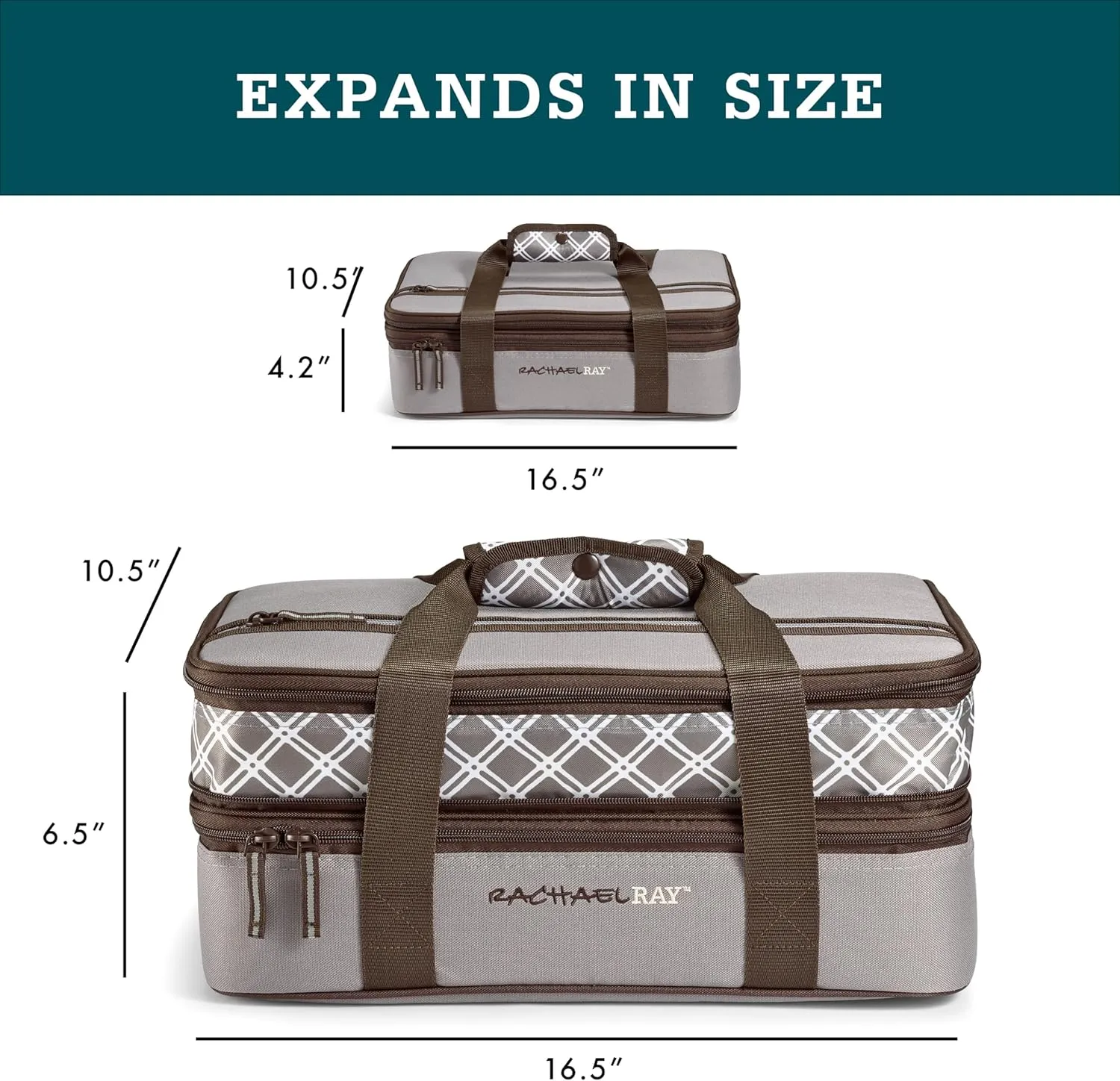 Rachael Ray Expandable Insulated Casserole Carrier for Hot or Cold Food, Thermal Lasagna Lugger Tote for Potluck, Parties, Picnic, and Cookouts, Fits 9" x 13" Baking Dish