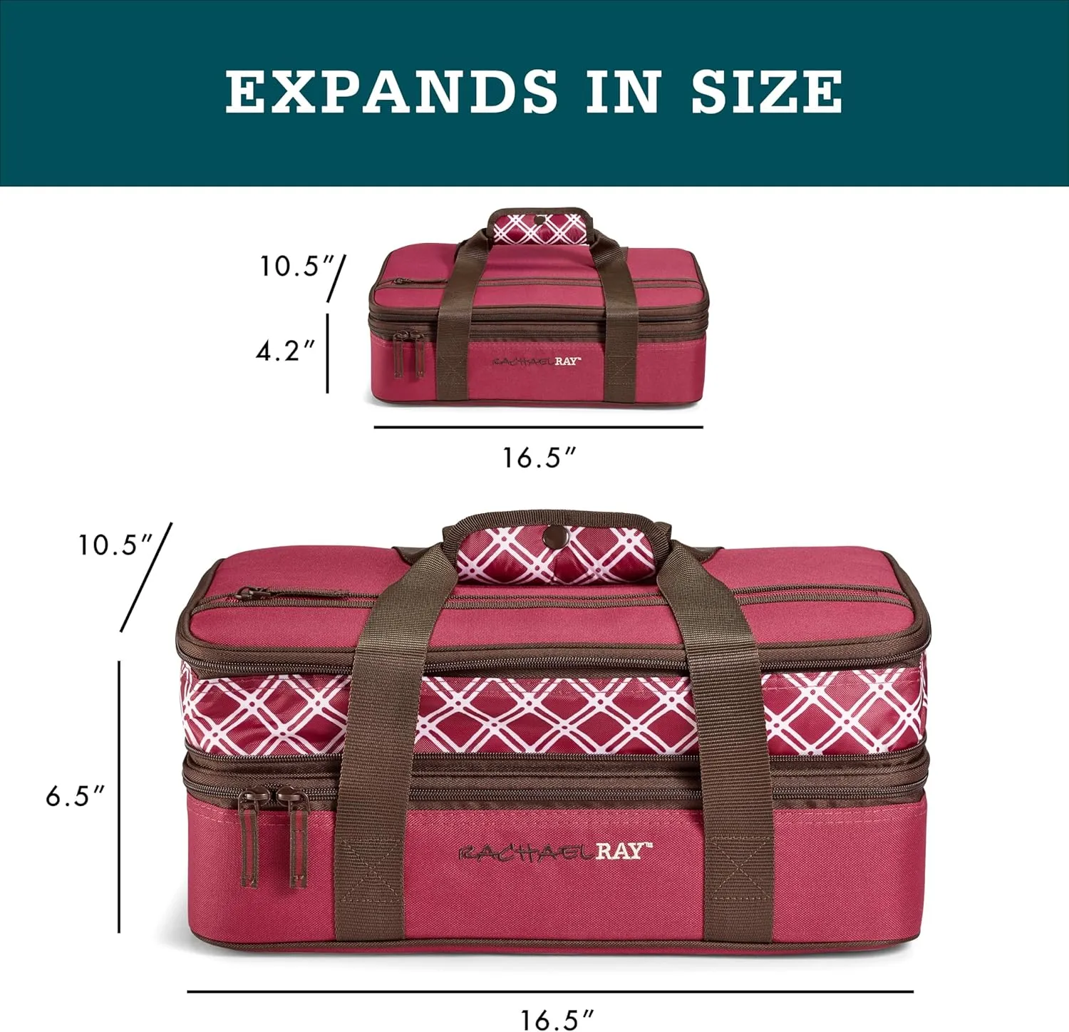 Rachael Ray Expandable Insulated Casserole Carrier for Hot or Cold Food, Thermal Lasagna Lugger Tote for Potluck, Parties, Picnic, and Cookouts, Fits 9" x 13" Baking Dish