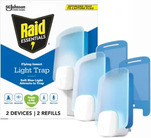 Raid Essentials Flying Insect Light Trap Starter Kit, 2 Plug-In Devices   2 Cartridges, Featuring Light Powered Attraction