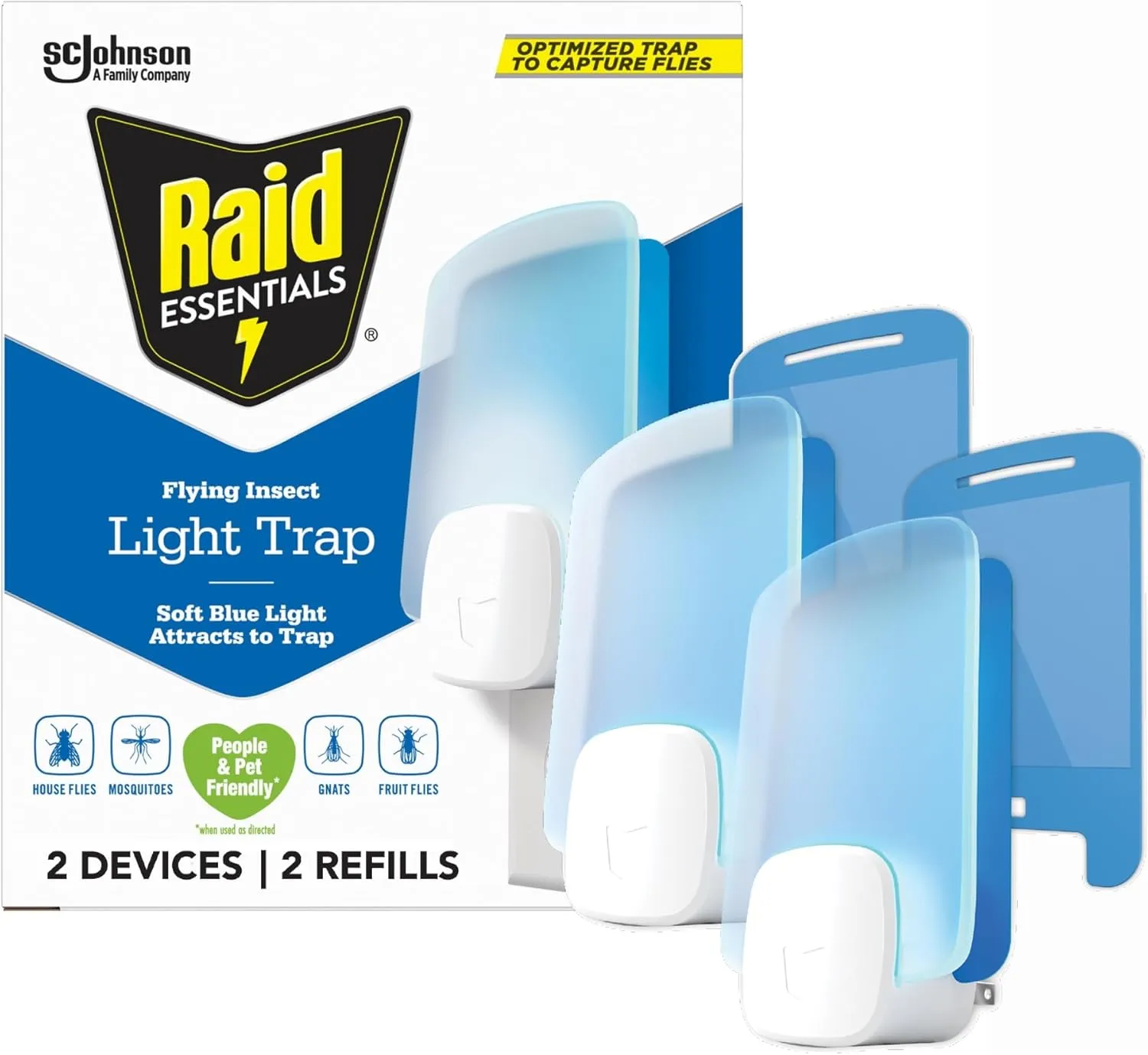 Raid Essentials Flying Insect Light Trap Starter Kit, 2 Plug-In Devices   2 Cartridges, Featuring Light Powered Attraction