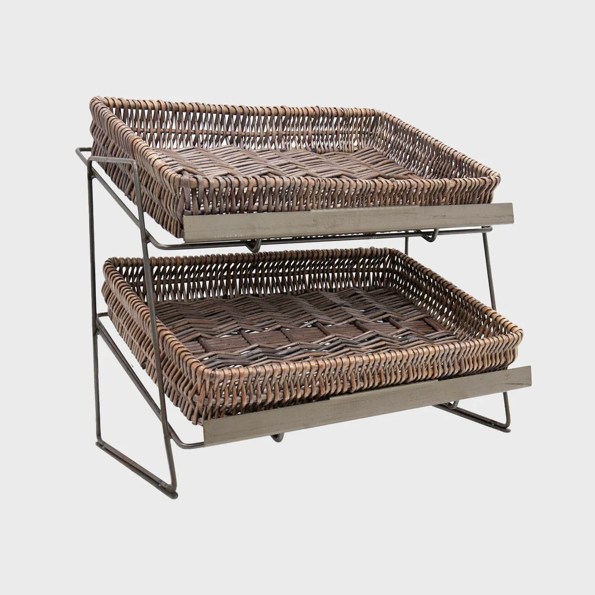 Railton tiered counter top display unit with medium pewter wicker trays