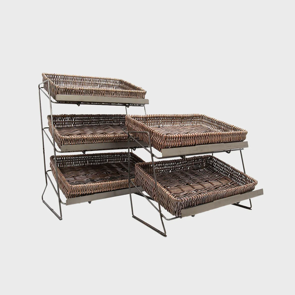Railton tiered counter top display unit with medium pewter wicker trays