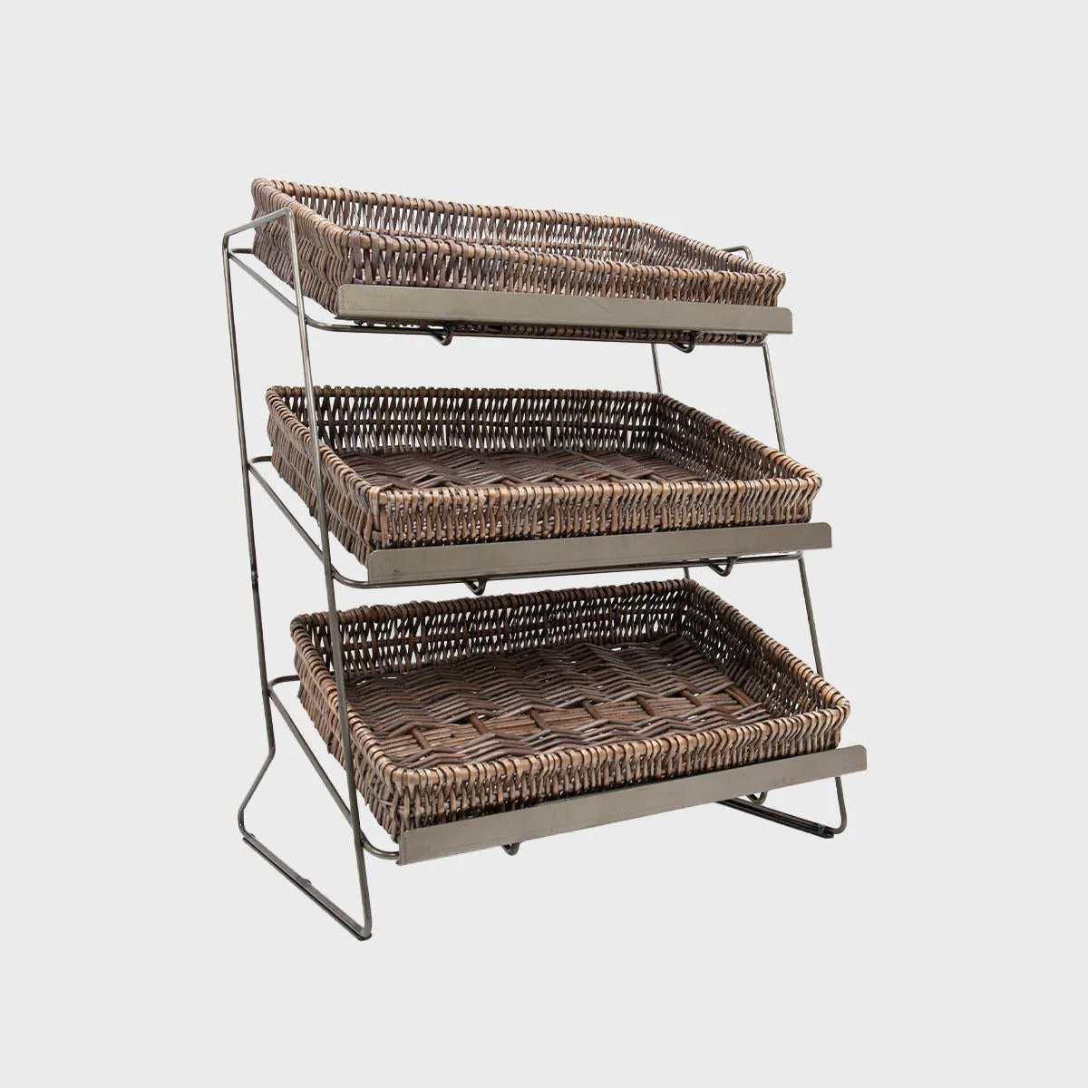 Railton tiered counter top display unit with medium pewter wicker trays