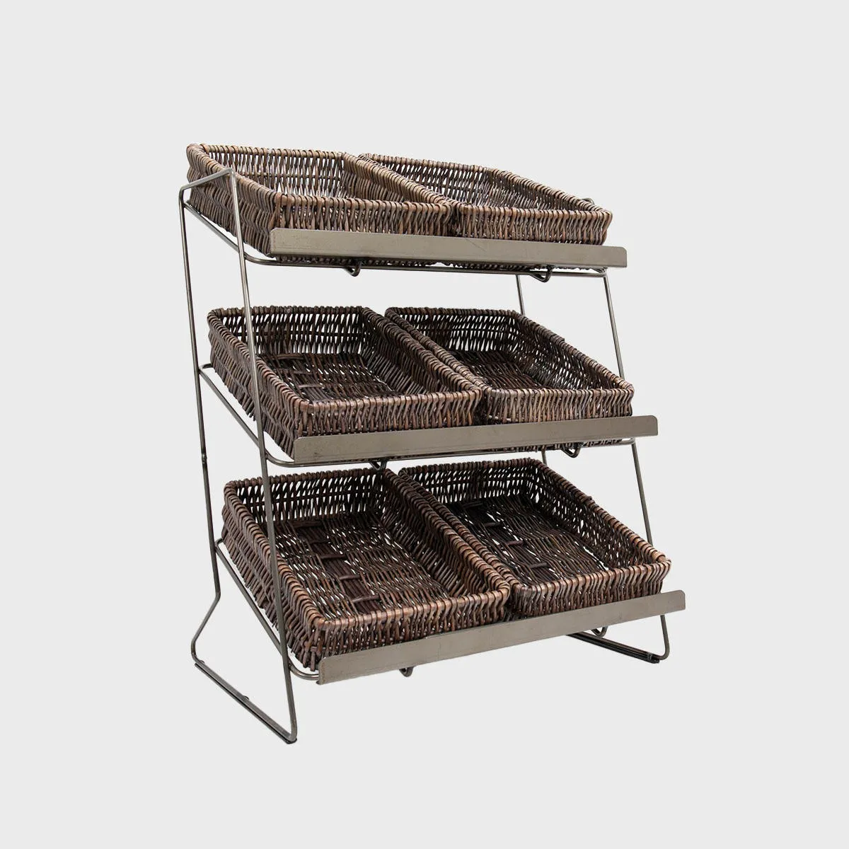 Railton tiered counter top display unit with small pewter wicker trays