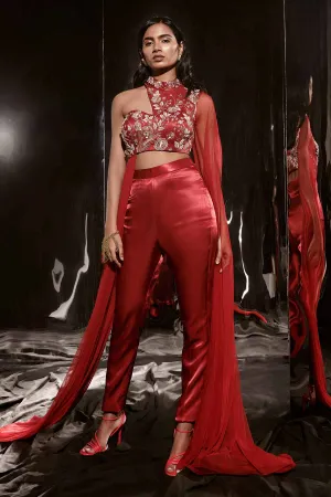 Red Embroidered Drape Pants Set