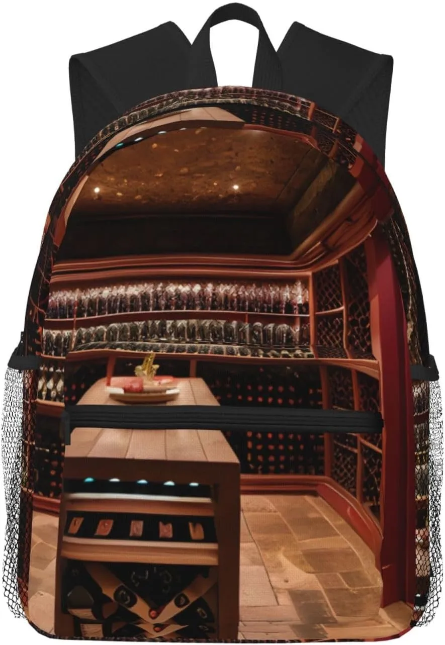 Red Wine Cellar Print Adults Casual Travel Zipper Bookbag Polyester Travel Daypack Bag Multiple Pockets