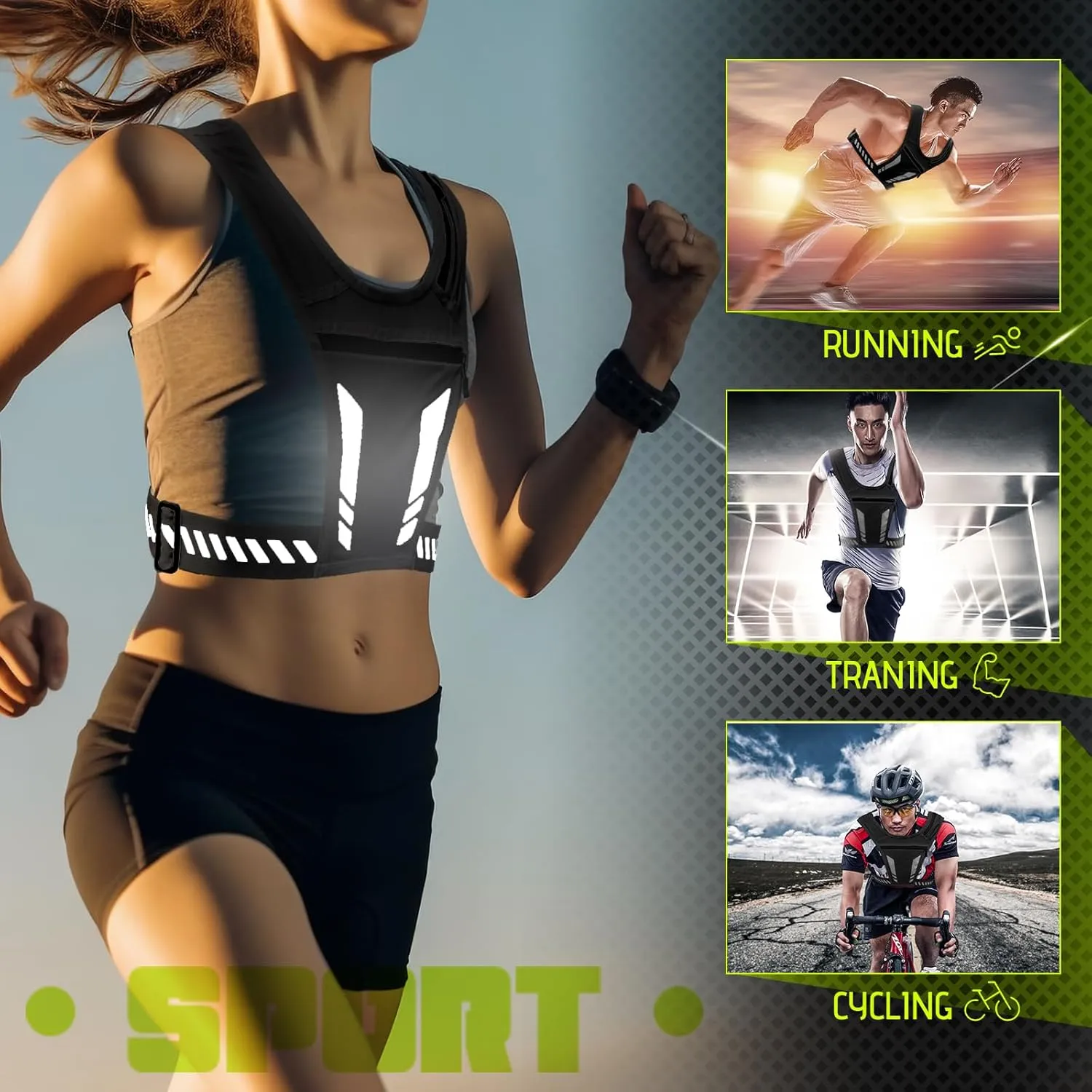 Reflective Vest Chest Phone Holder, Adjustable Hydration Training Workout Gear for Nighttime Running Biking
