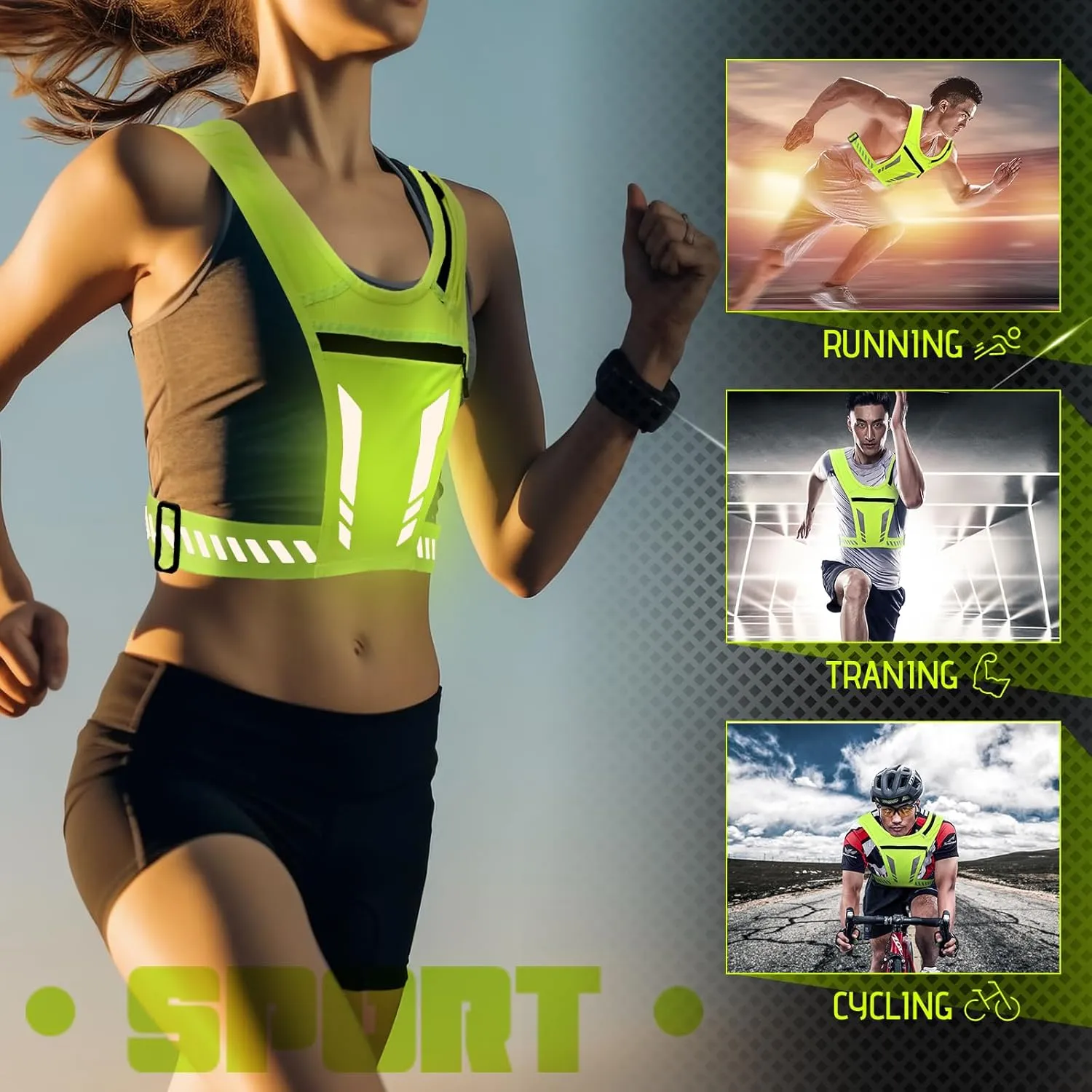 Reflective Vest Chest Phone Holder, Adjustable Hydration Training Workout Gear for Nighttime Running Biking