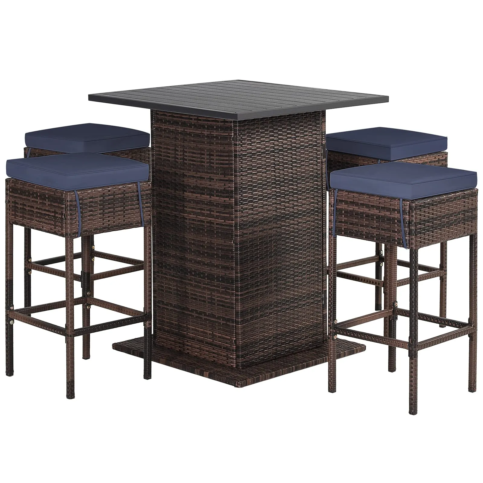 RELAX4LIFE 5-Piece Outdoor Bar Set, Wicker Rattan Bar Height Patio Set w/4 Cushion Bar Stools & Table with Hidden Storage, 5PCS Outdoor High Top Table and Chairs Set for Backyard Poolside (Navy Blue)