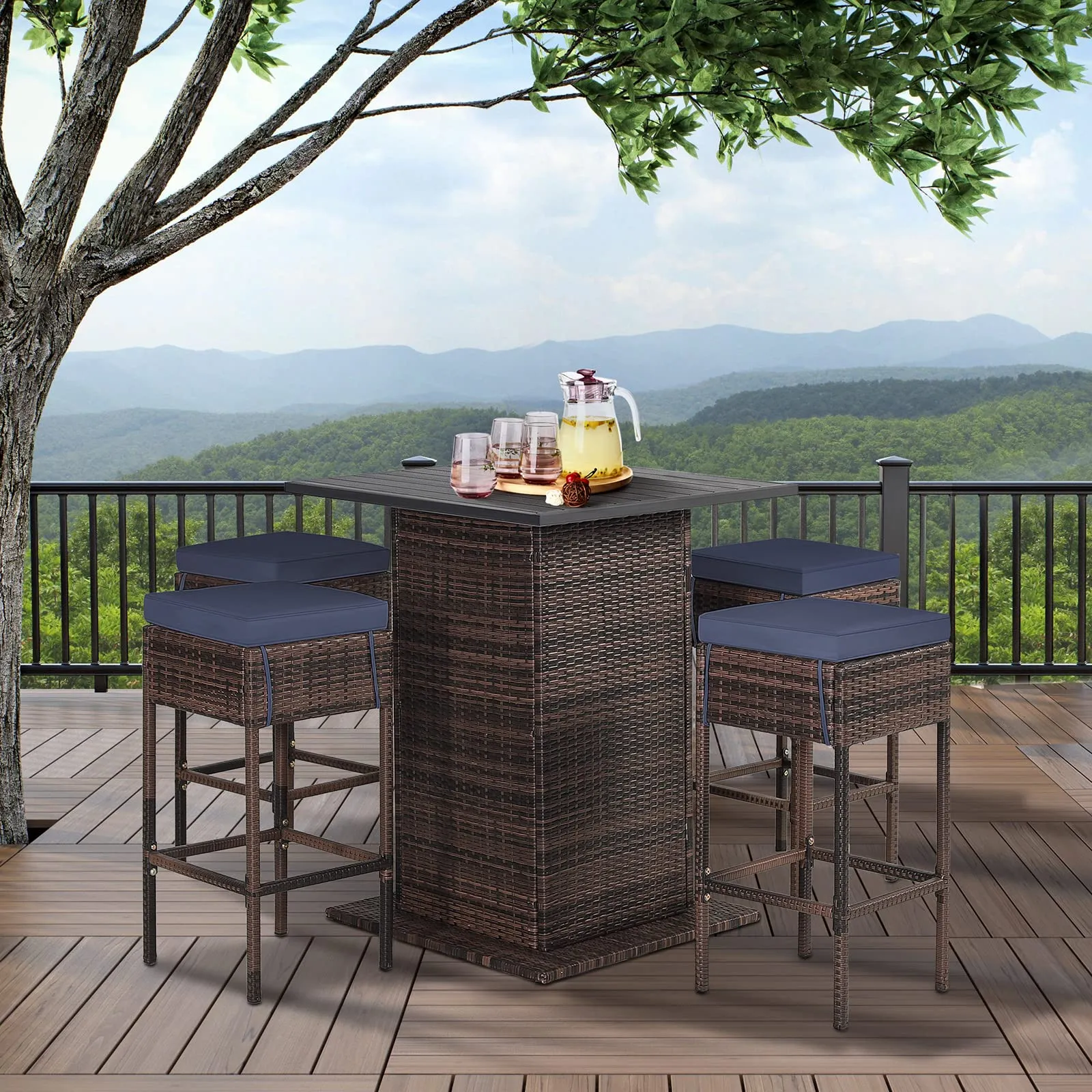 RELAX4LIFE 5-Piece Outdoor Bar Set, Wicker Rattan Bar Height Patio Set w/4 Cushion Bar Stools & Table with Hidden Storage, 5PCS Outdoor High Top Table and Chairs Set for Backyard Poolside (Navy Blue)