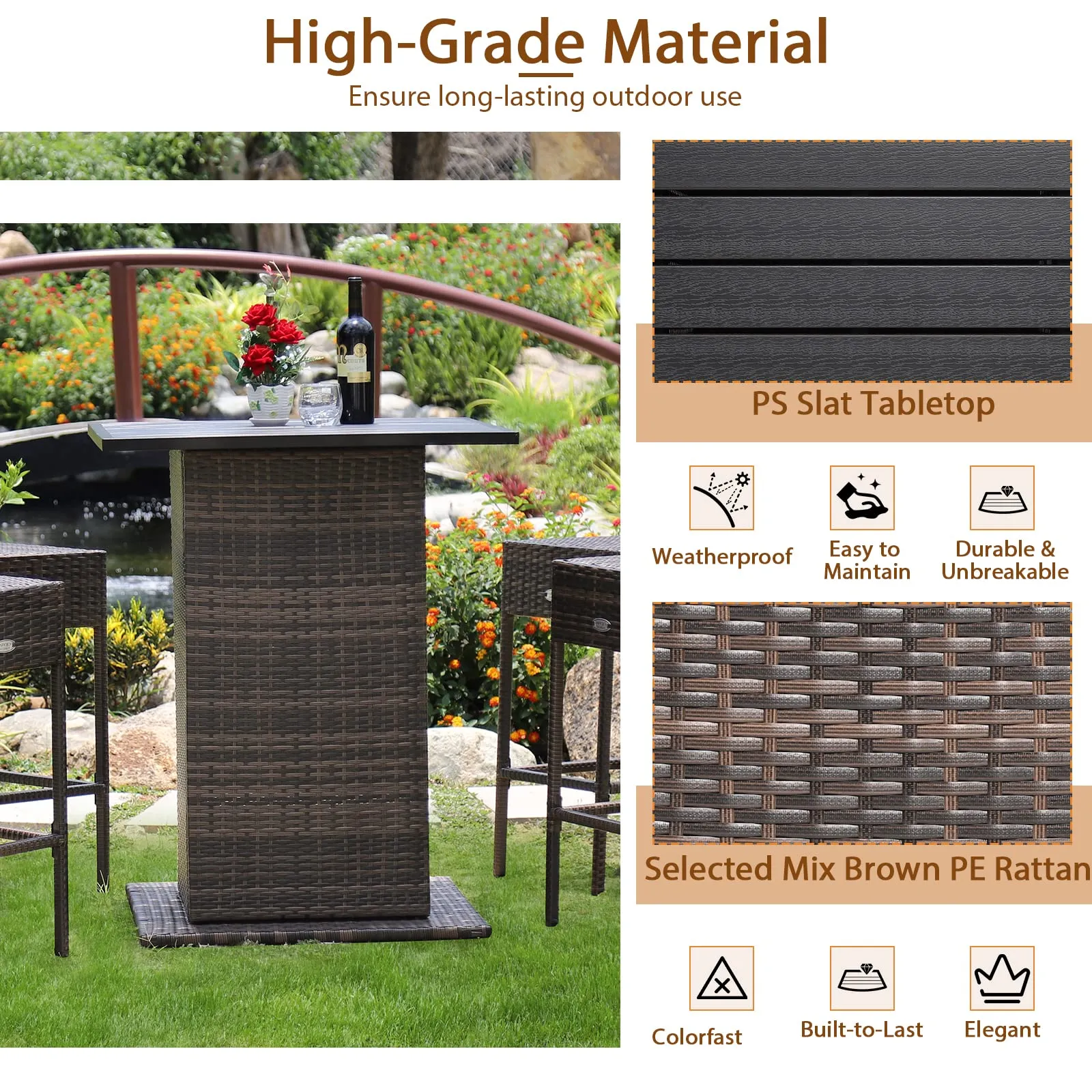 RELAX4LIFE 5-Piece Outdoor Bar Set, Wicker Rattan Bar Height Patio Set w/4 Cushion Bar Stools & Table with Hidden Storage, 5PCS Outdoor High Top Table and Chairs Set for Backyard Poolside (Navy Blue)