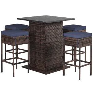 RELAX4LIFE 5-Piece Outdoor Bar Set, Wicker Rattan Bar Height Patio Set w/4 Cushion Bar Stools & Table with Hidden Storage, 5PCS Outdoor High Top Table and Chairs Set for Backyard Poolside (Navy Blue)