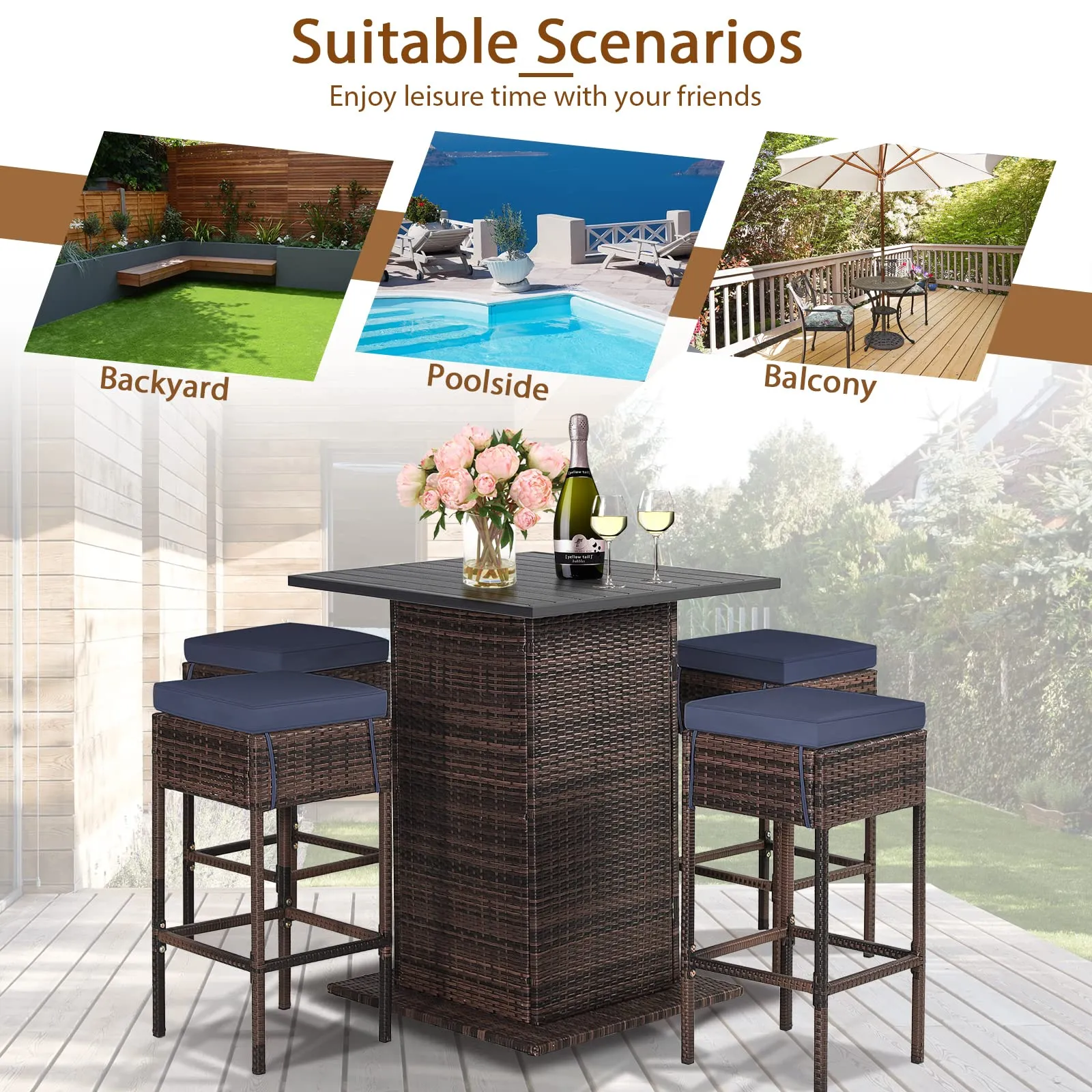 RELAX4LIFE 5-Piece Outdoor Bar Set, Wicker Rattan Bar Height Patio Set w/4 Cushion Bar Stools & Table with Hidden Storage, 5PCS Outdoor High Top Table and Chairs Set for Backyard Poolside (Navy Blue)
