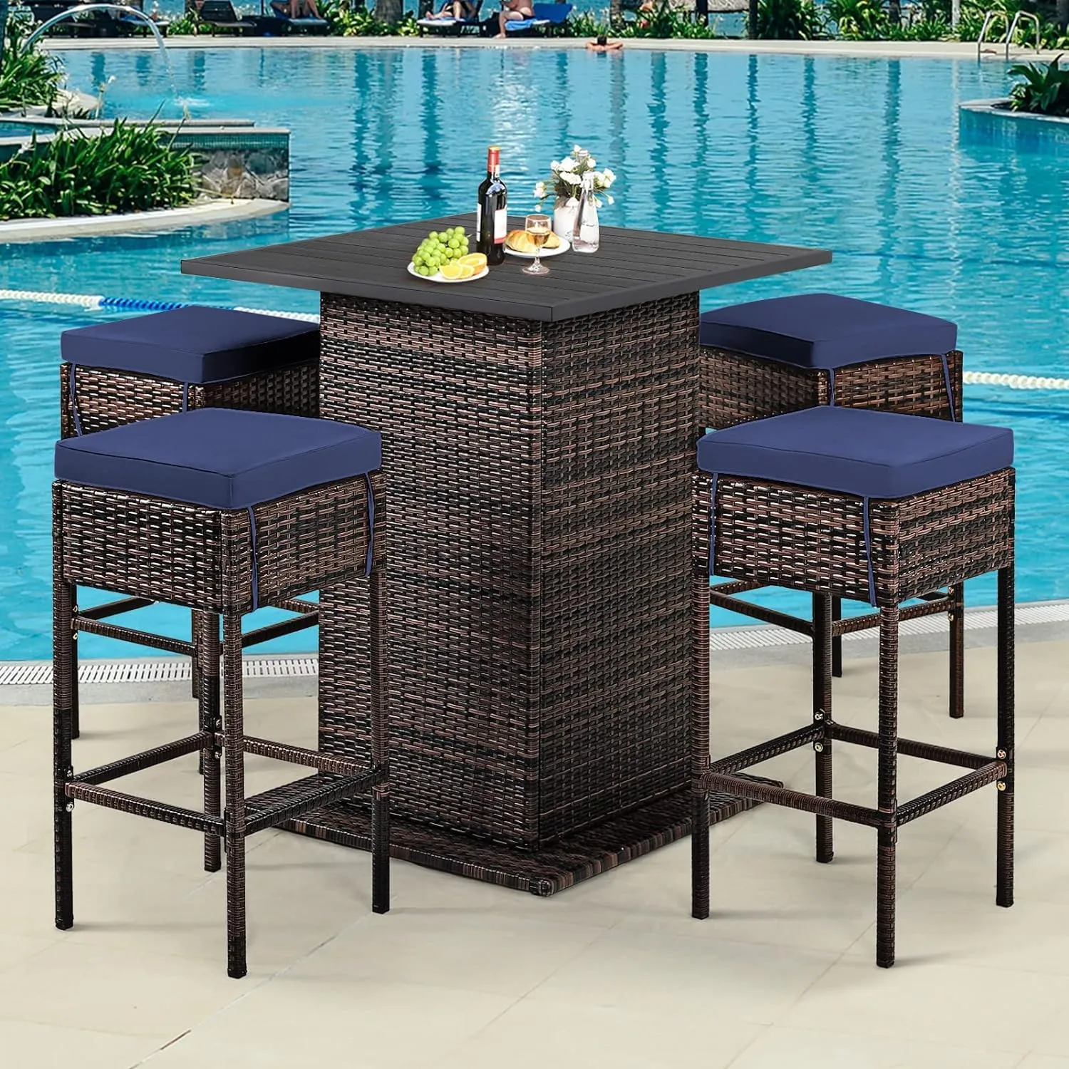 RELAX4LIFE 5-Piece Outdoor Bar Set, Wicker Rattan Bar Height Patio Set w/4 Cushion Bar Stools & Table with Hidden Storage, 5PCS Outdoor High Top Table and Chairs Set for Backyard Poolside (Navy Blue)