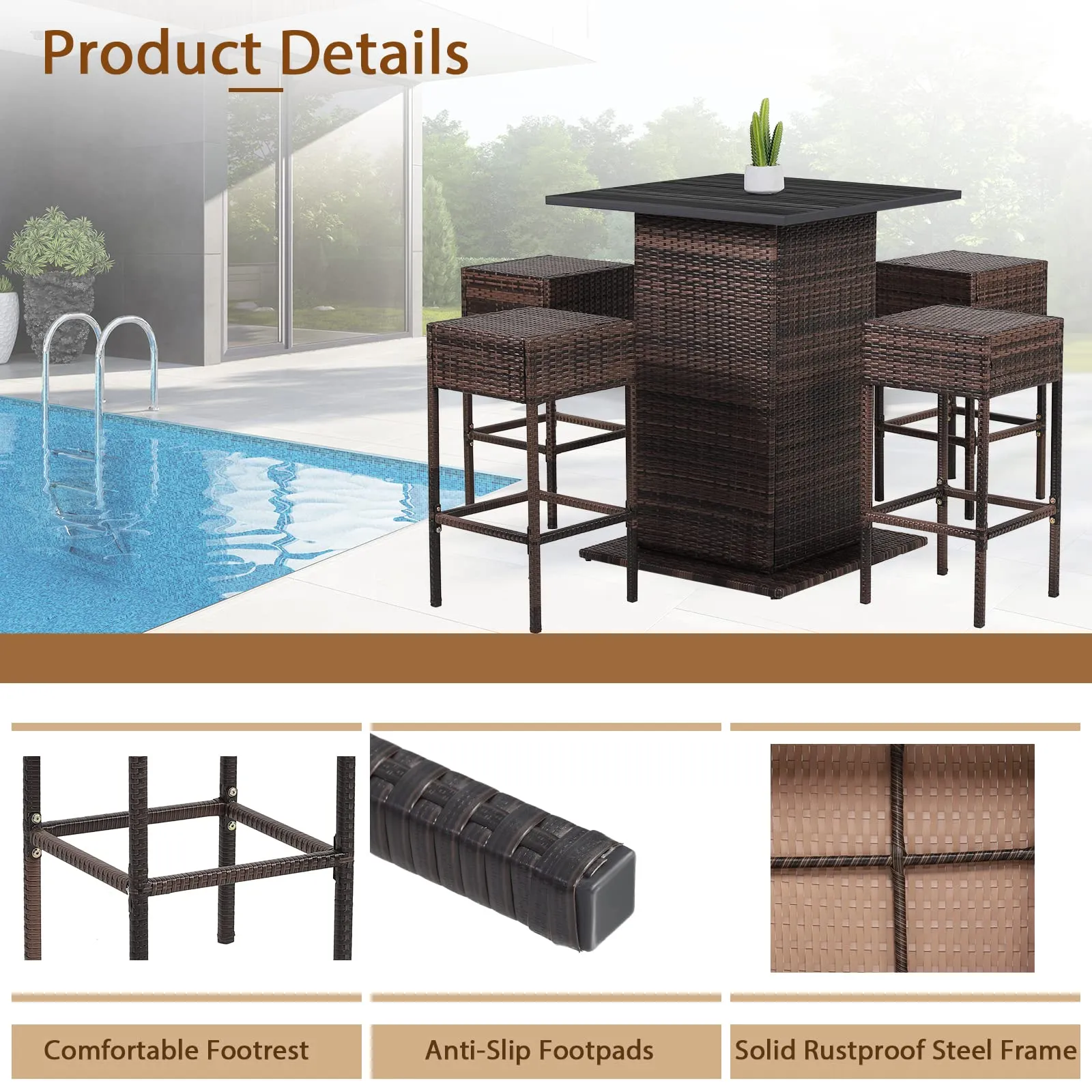 RELAX4LIFE 5-Piece Outdoor Bar Set, Wicker Rattan Bar Height Patio Set w/4 Cushion Bar Stools & Table with Hidden Storage, 5PCS Outdoor High Top Table and Chairs Set for Backyard Poolside (Navy Blue)