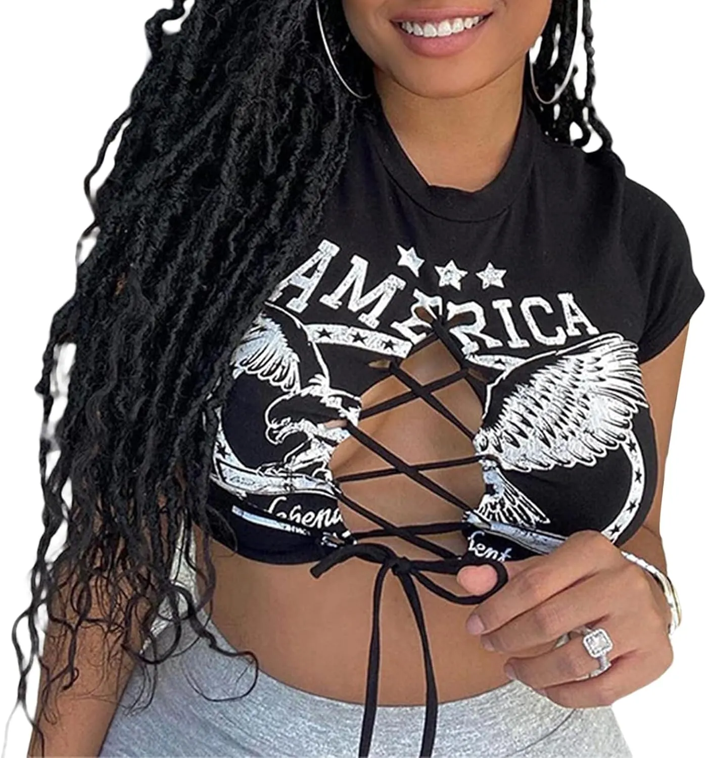 Remidoo Women's Sexy Lace Up Crop Top Short Sleeve Cropped T Shirt Cutout Graphic Tee