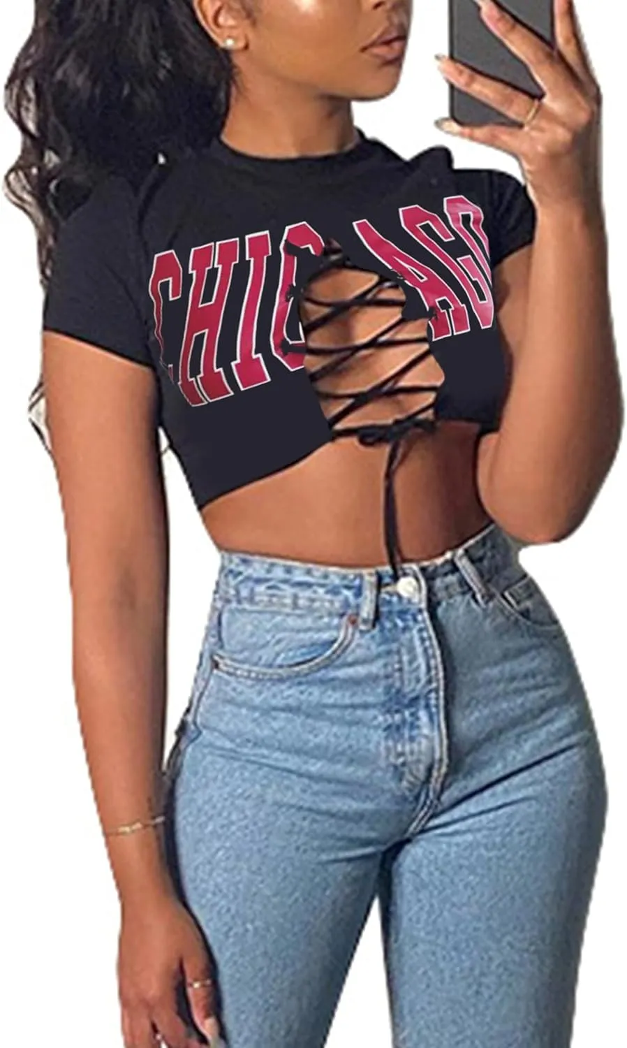 Remidoo Women's Sexy Lace Up Crop Top Short Sleeve Cropped T Shirt Cutout Graphic Tee