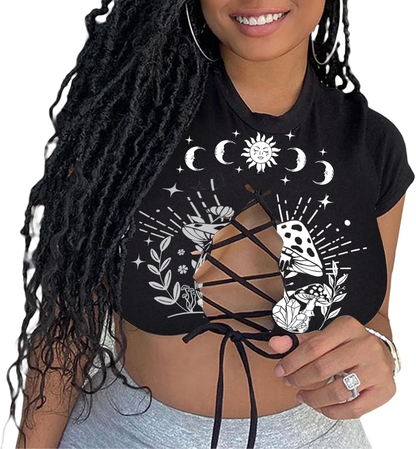 Remidoo Women's Sexy Lace Up Crop Top Short Sleeve Cropped T Shirt Cutout Graphic Tee
