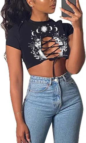 Remidoo Women's Sexy Lace Up Crop Top Short Sleeve Cropped T Shirt Cutout Graphic Tee
