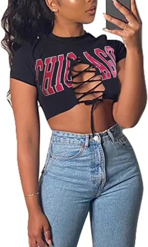 Remidoo Women's Sexy Lace Up Crop Top Short Sleeve Cropped T Shirt Cutout Graphic Tee