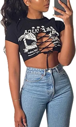 Remidoo Women's Sexy Lace Up Crop Top Short Sleeve Cropped T Shirt Cutout Graphic Tee