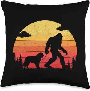 Retro Bigfoot Silhouette Walking Saint Bernard Dog Throw Pillow