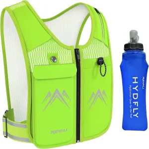 REVALI Zip Reflective Running Vests with Hydration Bottle, Adjustable Waistband & Breathable Material, Chest Pack Gear Phone Holder for Men & Women