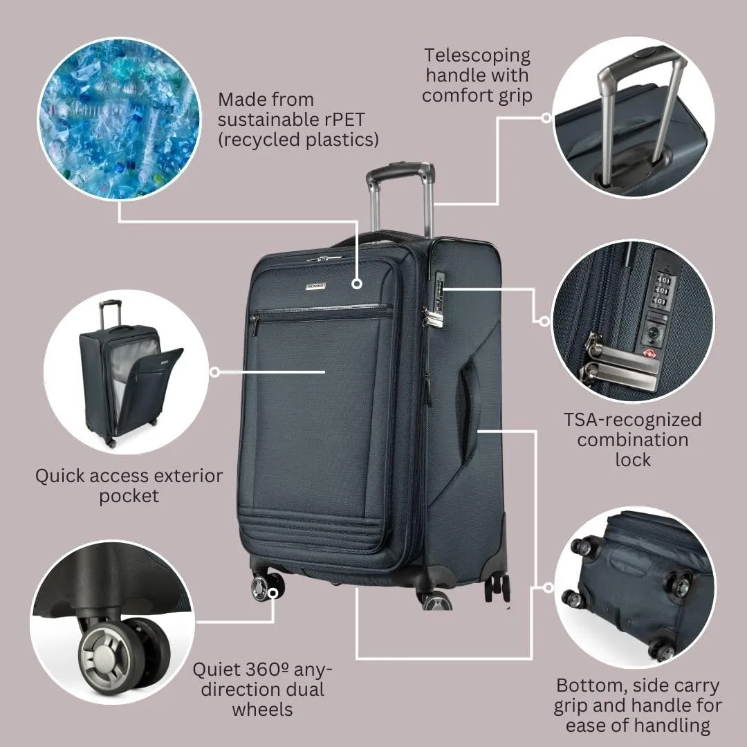 Ricardo Beverly Hills Avalon Softside Medium Check-In Luggage Made with Sustainable 100% Recycled PET (rPET), Lightweight, Eco-Friendly Travel, Expandable, Dual Spinner Wheels, Storm Blue, 24-inch