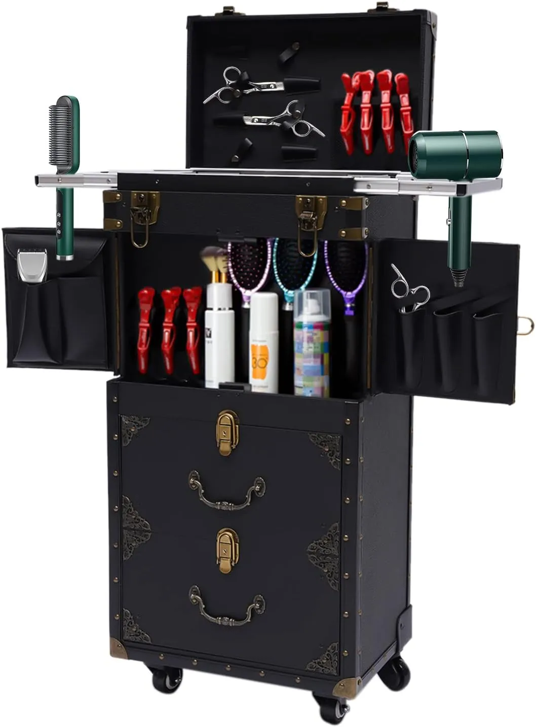 Rolling Makeup Case, Beauty Salon Trolley on Wheels Dual Locking Storage Cart with Scissor Bag Travel Organizer Trolley for Stylist Nail Technician Salon, Black