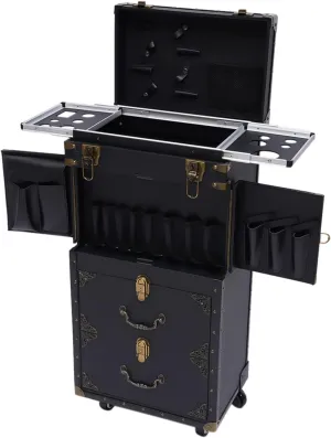 Rolling Makeup Case, Beauty Salon Trolley on Wheels Dual Locking Storage Cart with Scissor Bag Travel Organizer Trolley for Stylist Nail Technician Salon, Black