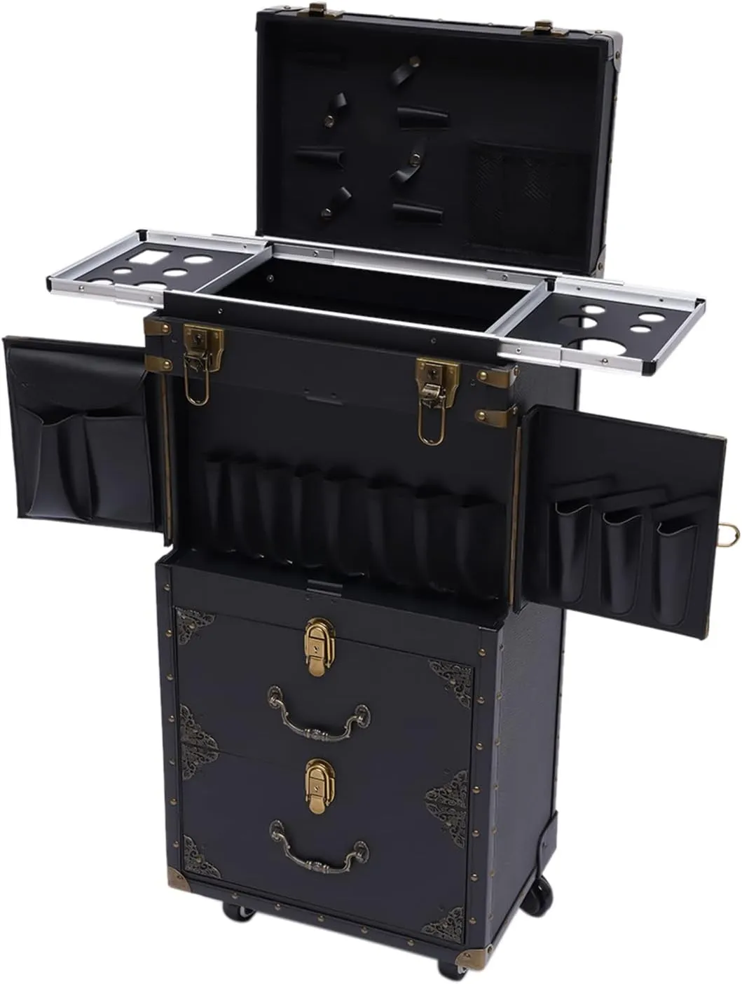 Rolling Makeup Case, Beauty Salon Trolley on Wheels Dual Locking Storage Cart with Scissor Bag Travel Organizer Trolley for Stylist Nail Technician Salon, Black