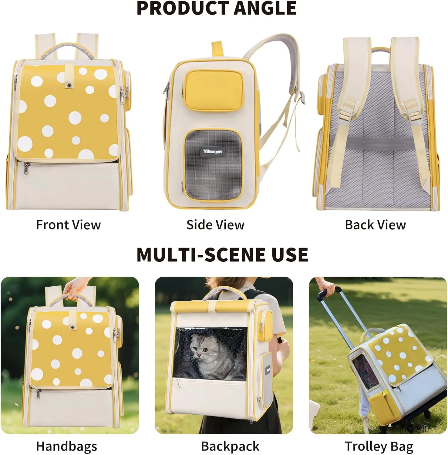 Rolling Pet Carrier Backpack with Wheels for Under 16.5LBS, Large Soft Sided Wheeled Dog Carrier with Removable Mat,Cat Travel Carrier Airline Approved for Small Dogs and Medium Cats,Yellow