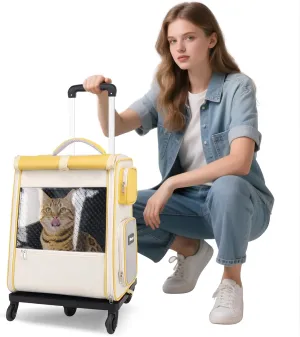 Rolling Pet Carrier Backpack with Wheels for Under 16.5LBS, Large Soft Sided Wheeled Dog Carrier with Removable Mat,Cat Travel Carrier Airline Approved for Small Dogs and Medium Cats,Yellow