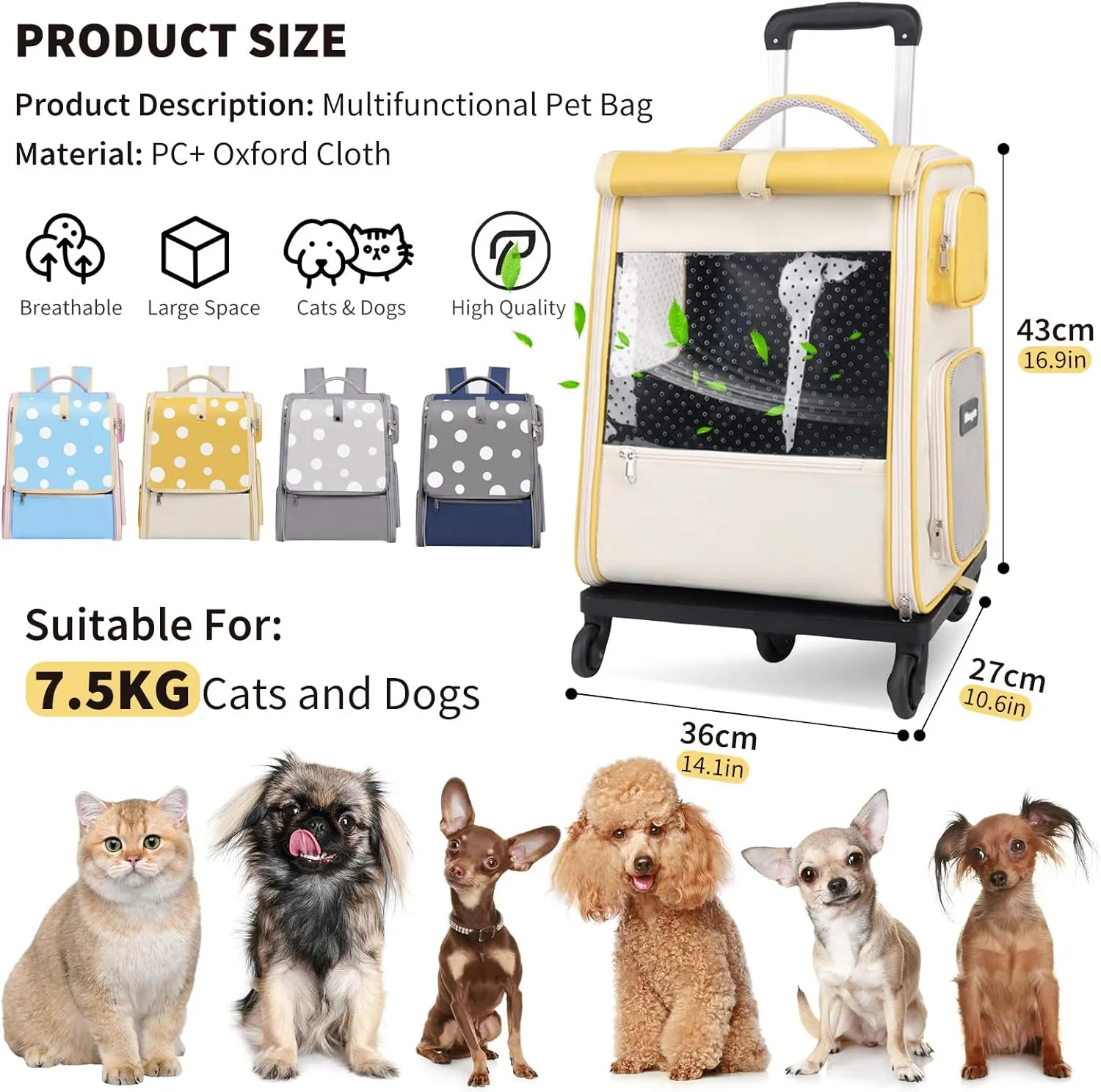 Rolling Pet Carrier Backpack with Wheels for Under 16.5LBS, Large Soft Sided Wheeled Dog Carrier with Removable Mat,Cat Travel Carrier Airline Approved for Small Dogs and Medium Cats,Yellow