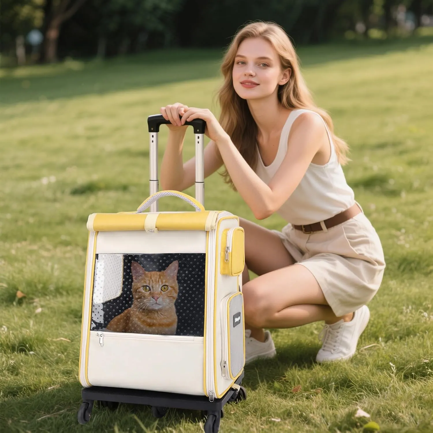 Rolling Pet Carrier Backpack with Wheels for Under 16.5LBS, Large Soft Sided Wheeled Dog Carrier with Removable Mat,Cat Travel Carrier Airline Approved for Small Dogs and Medium Cats,Yellow