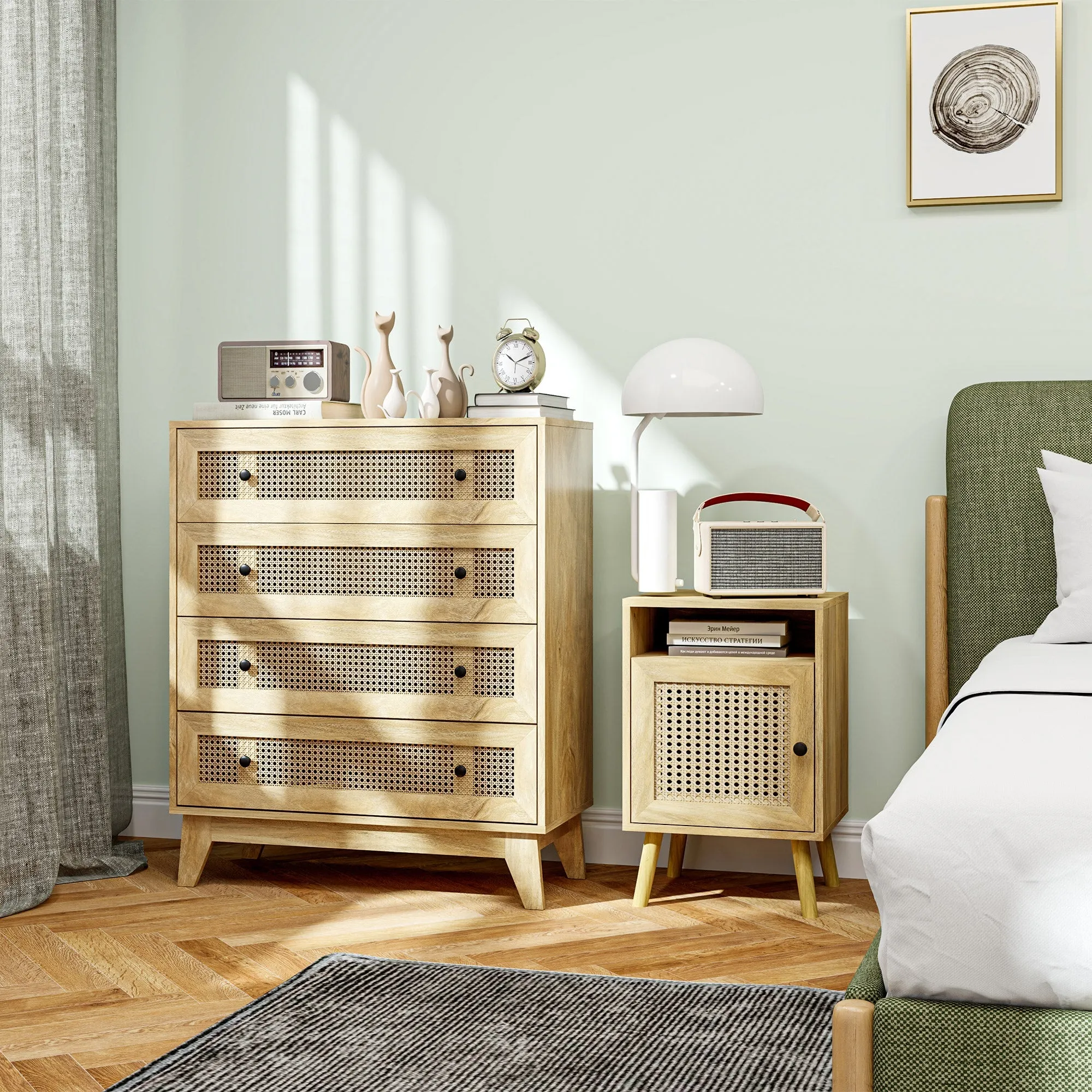 Rootz Bedside Table with Rattan Wicker - Vintage Table - Nightstand - Compact Storage - 39cm x 35cm x 60cm