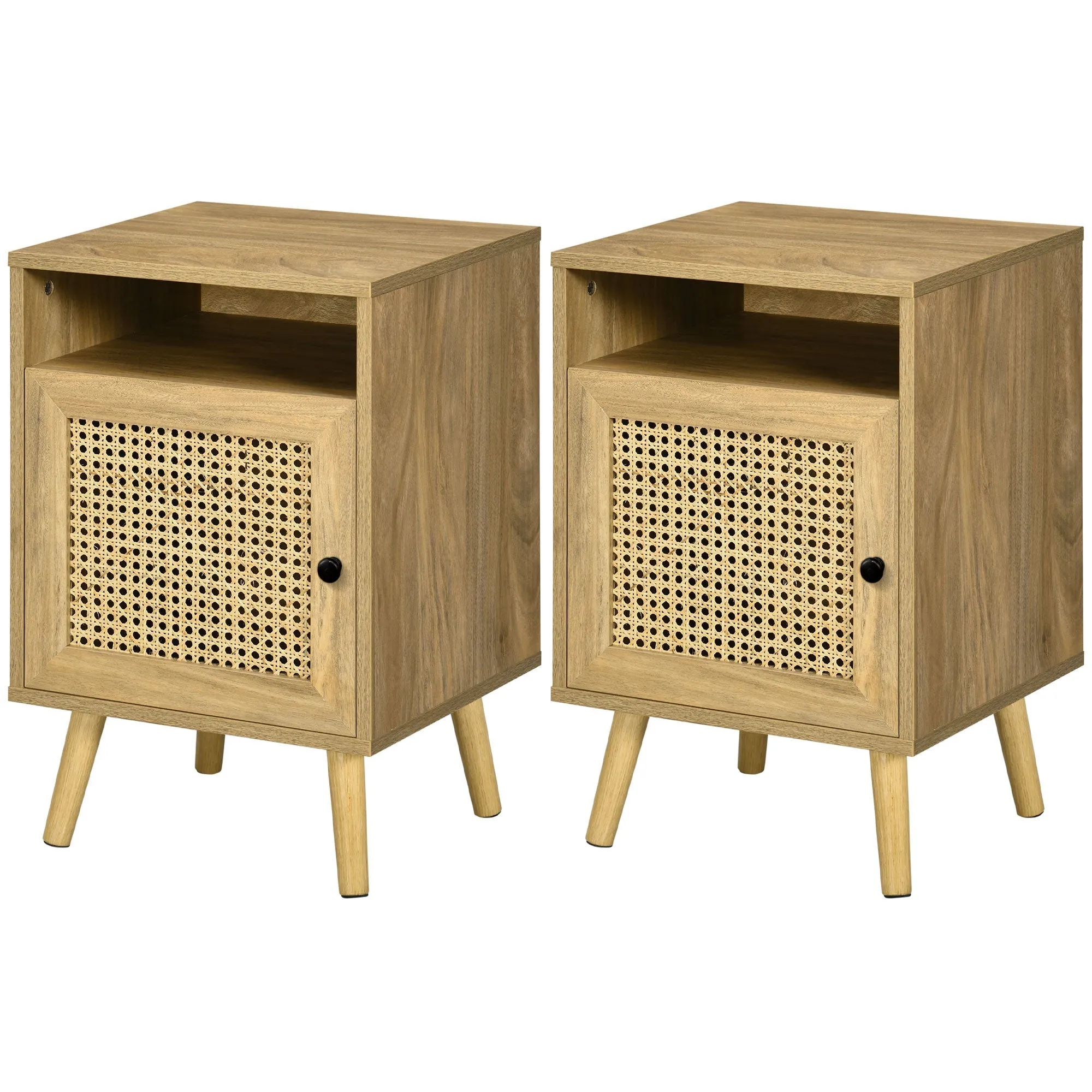 Rootz Bedside Table with Rattan Wicker - Vintage Table - Nightstand - Compact Storage - 39cm x 35cm x 60cm