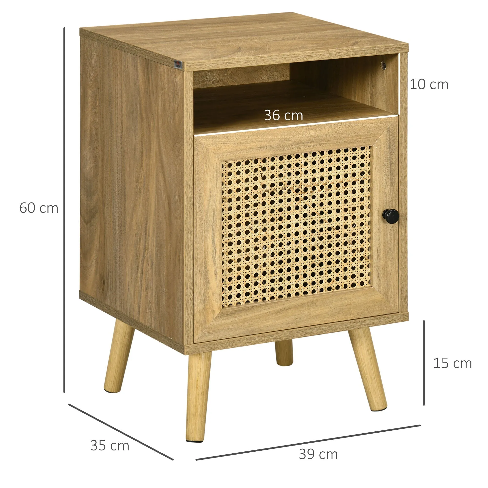 Rootz Bedside Table with Rattan Wicker - Vintage Table - Nightstand - Compact Storage - 39cm x 35cm x 60cm