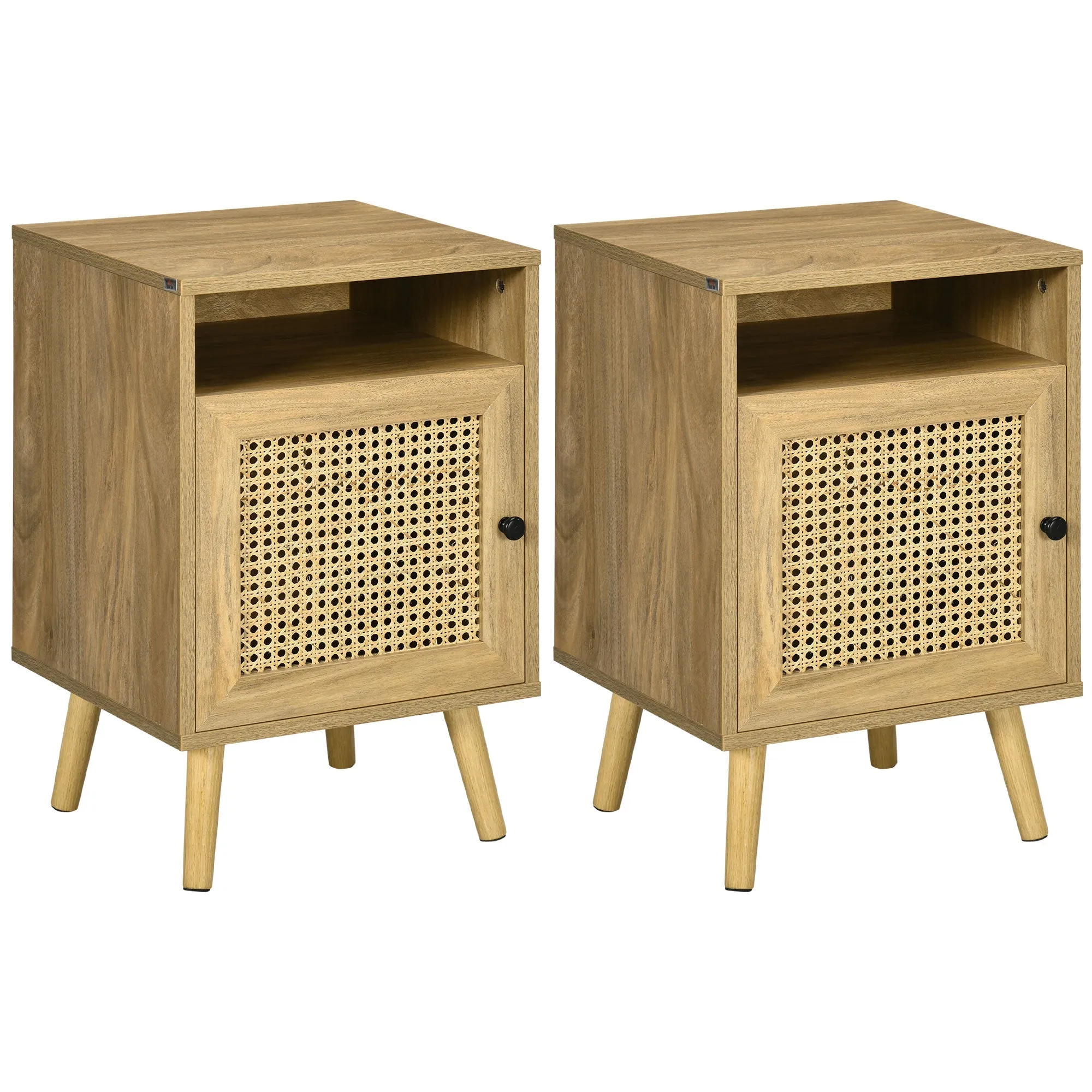 Rootz Bedside Table with Rattan Wicker - Vintage Table - Nightstand - Compact Storage - 39cm x 35cm x 60cm