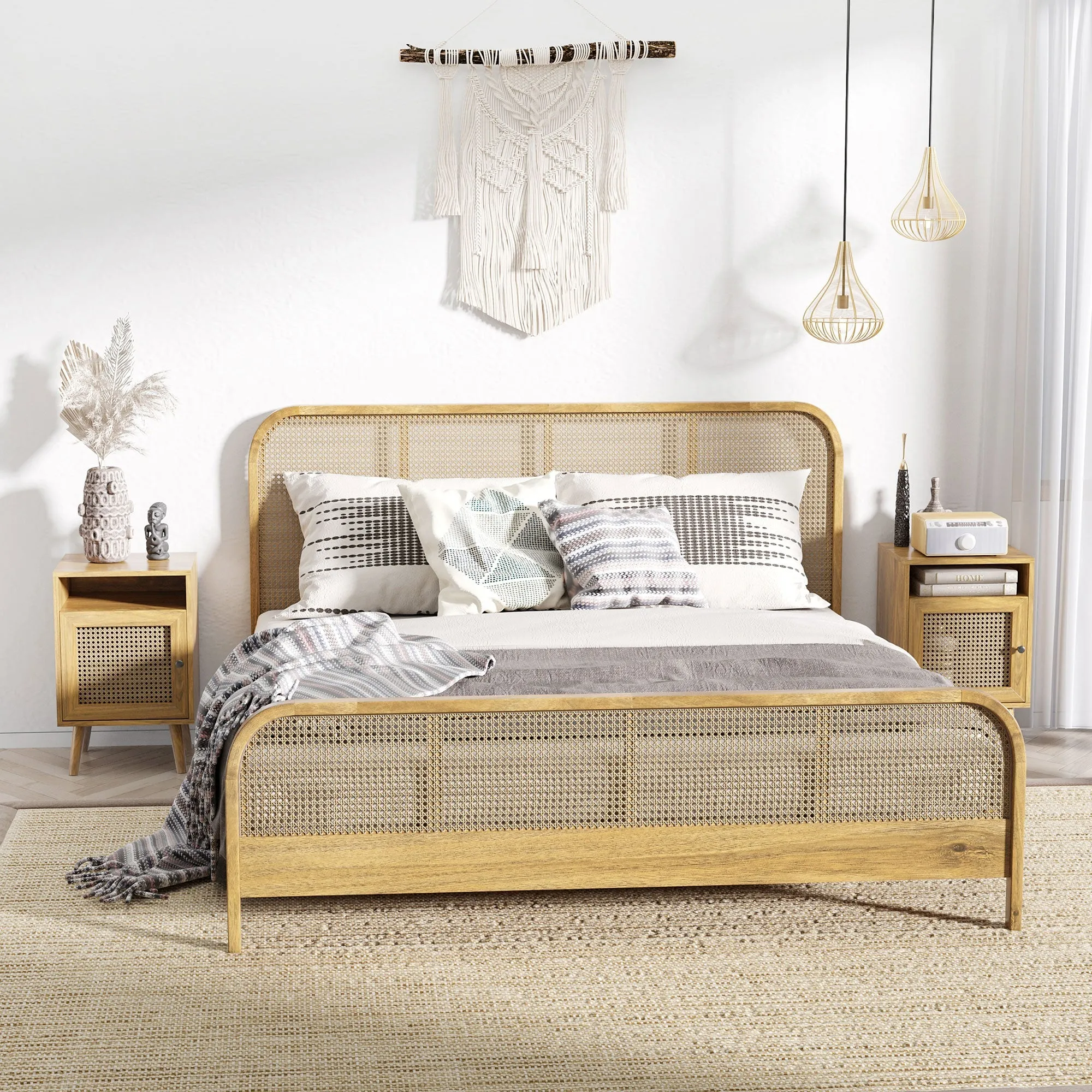 Rootz Bedside Table with Rattan Wicker - Vintage Table - Nightstand - Compact Storage - 39cm x 35cm x 60cm