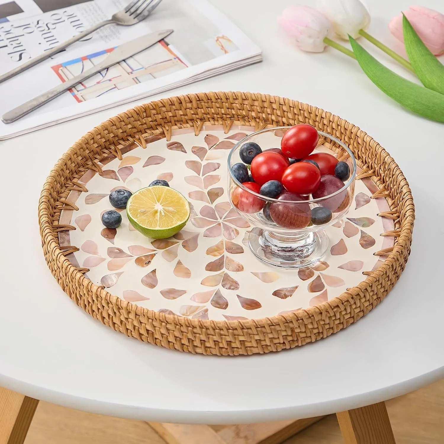 Round Rattan Tray for Home Decor 11.8 inch, Modern and Boho Decor Serving Tray with Mother of Pearl Inlay, Wicker Basket for Coffee Table, Hand Woven Decorative Tray Plates (Gold)