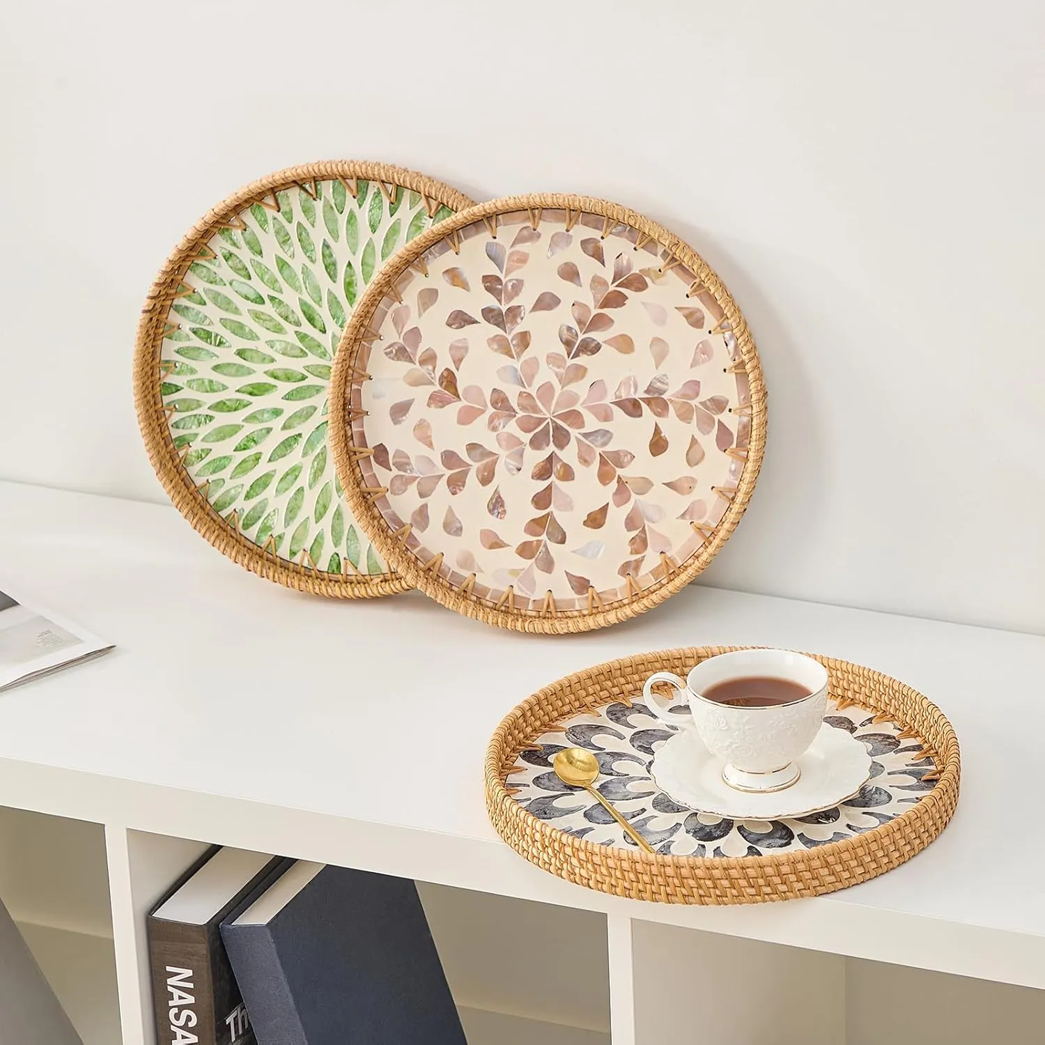 Round Rattan Tray for Home Decor 11.8 inch, Modern and Boho Decor Serving Tray with Mother of Pearl Inlay, Wicker Basket for Coffee Table, Hand Woven Decorative Tray Plates (Gold)